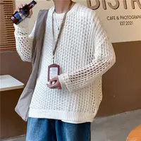 Men Autumn High-end Design Trendy Tops in Knitwear Round Neck Loose Fishnet Solid Long-sleeved Hollow Sweatshirt Fashionable 1