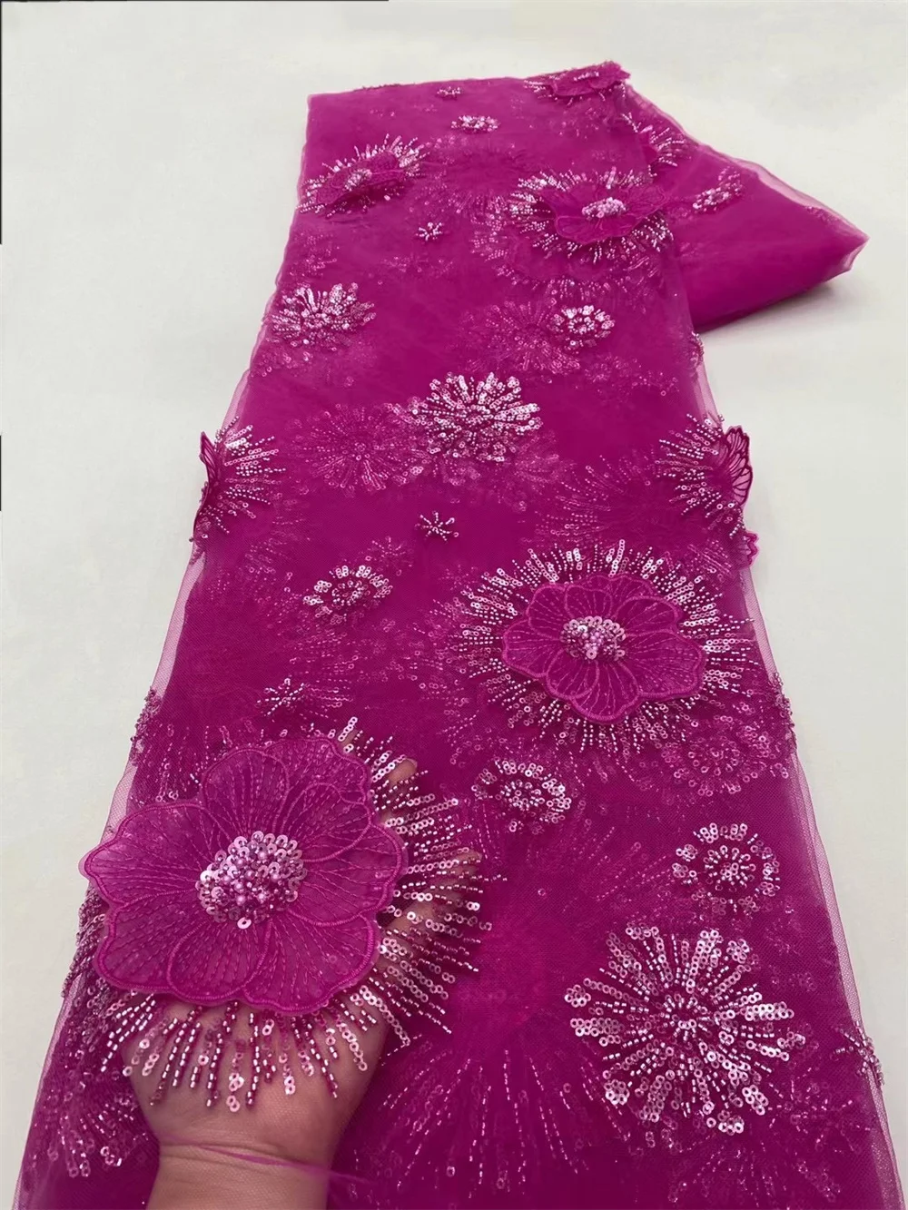 

Embroidered Lace African 3D Beads Lace Fabric French Nigerian Groom Sequins Wedding Party Dress High Quality 5 Yards Fabri A32-2