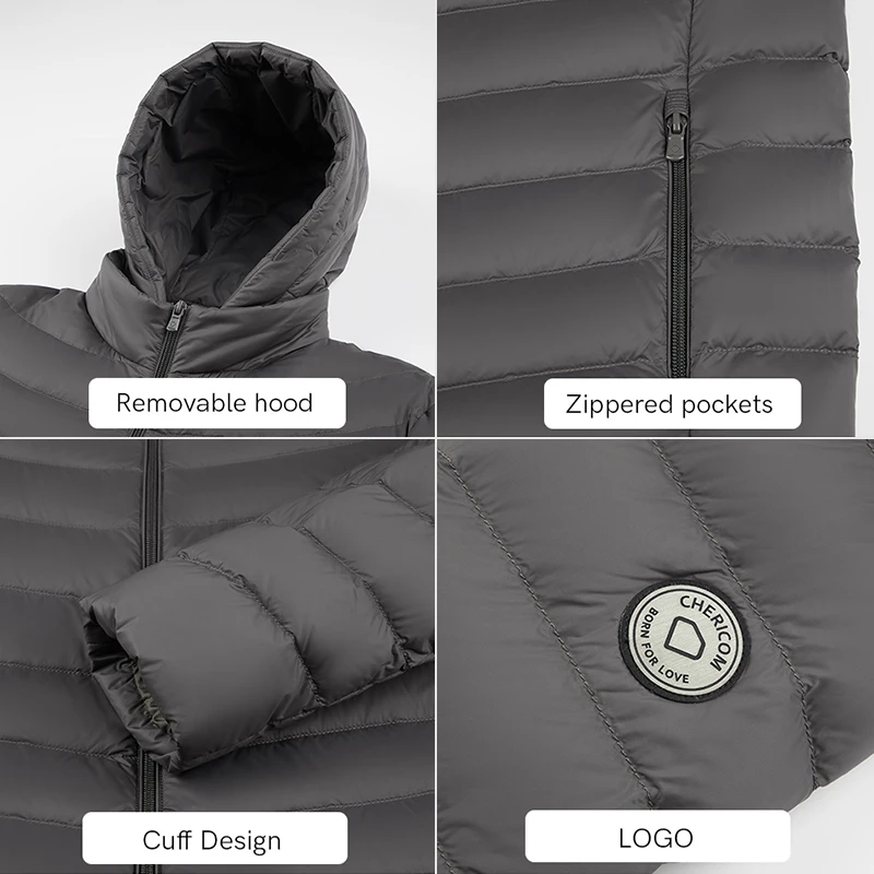 Chericom Winter Men's Duck Down Lightweight Down Jacket Removable Hooded Solid Warm Padded Jacket Short Trend puffer Coat 289505