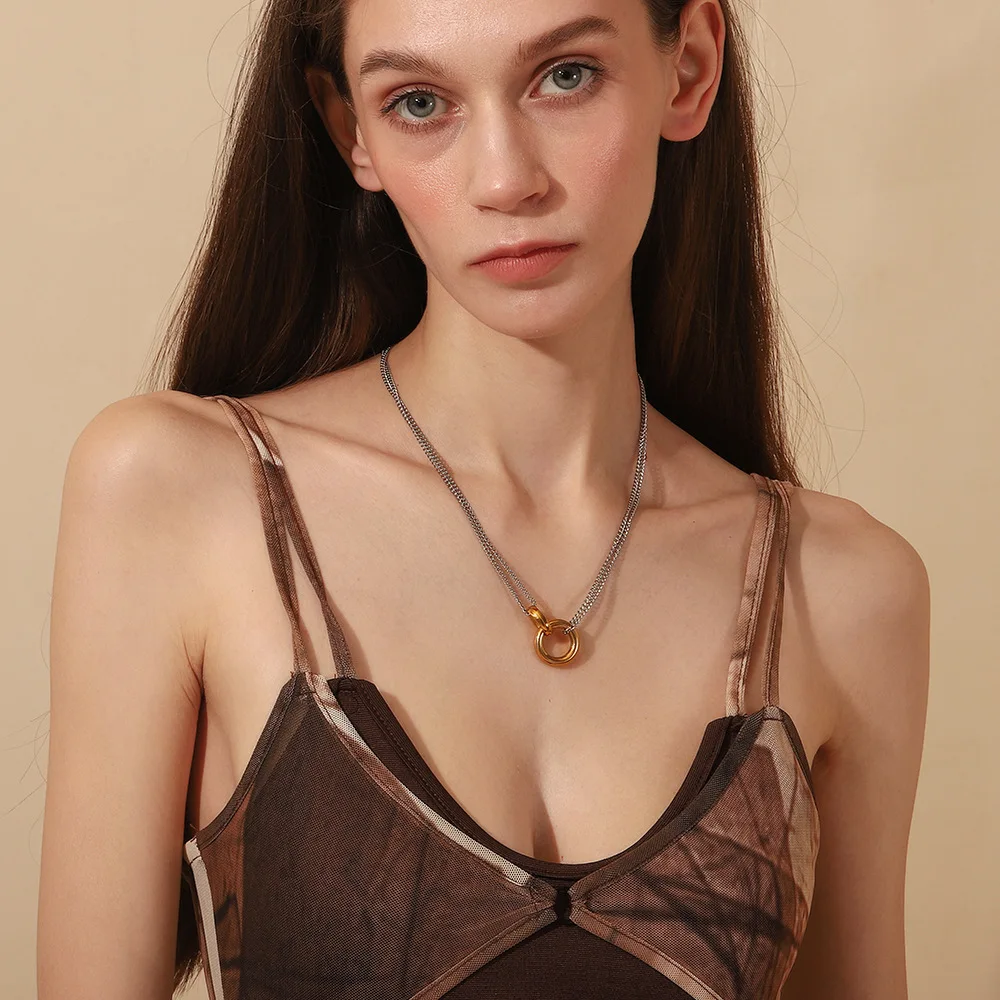 Retro Two-color 18K Gold Plated Circle Ring Choker Neckalce for Women Minimalist Charm Waterproof Double Chain Neck Jewelry Gift