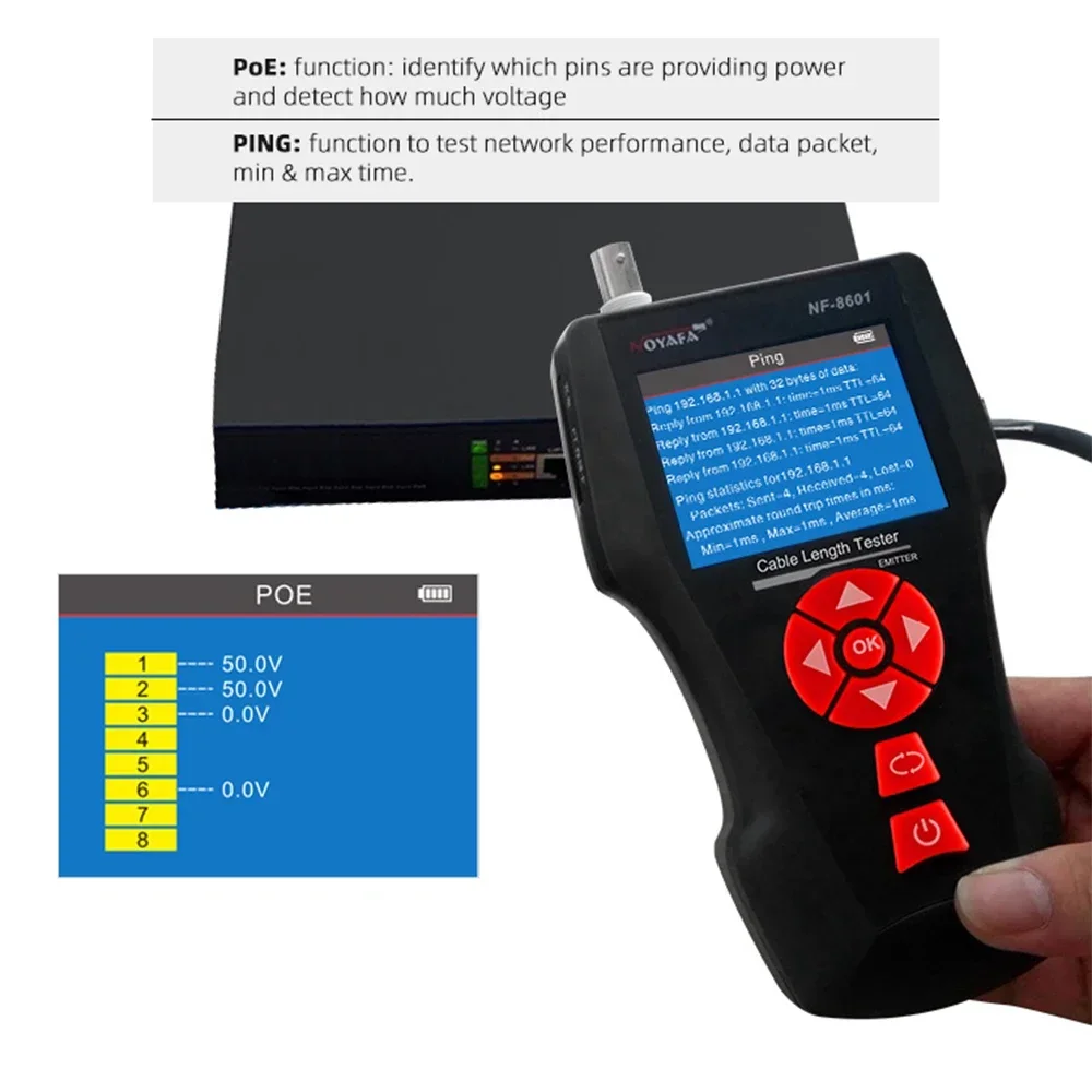 Noyafa NF-8601 NF-8601s NF-8601w Design POE PING LCD Cable Length Test For RJ11 RJ45 BNC Network Cat 7 Cable Tester Wire Check