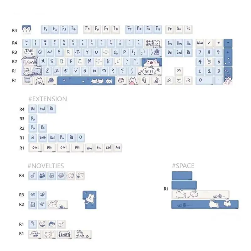 

ZUOYA 147 Keys MDA Keycaps Blue Meow Meow Theme PBT Single-sided Heat Sublimation For MX Switch Fit 61/68/87/96/104/108 Keyboary