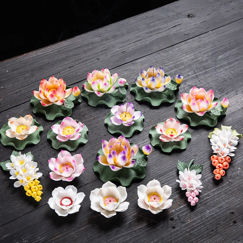 0024 Ceramic Handmade Lotus Incense Burner New Chinese Style Sandalwood Incense Holder Home Desktop Lotus Decoration