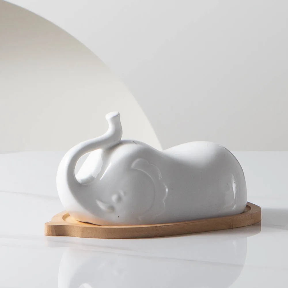 White Elephant Ceramic Butter Dish with Lid Brief Porcelain Butter Keeper Holder for Countertop And Refrigerator Door Shelf