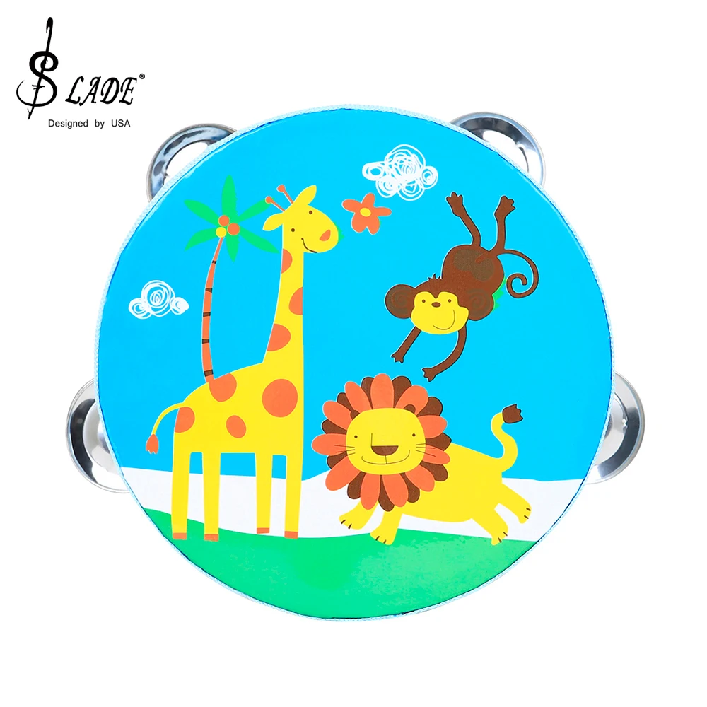 6 Inch Tambourine Cartoon Handdrum Solid Wood Musical Drum Orff Percussion Instrument Children's Bell Drum Music Toy Gifts hand tambourine