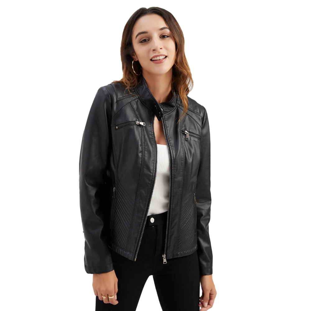 Spring Standing Collar Leather Jacket Europe and The United States Slim Jacket Solid Color Biker Clothes Urban Commuter