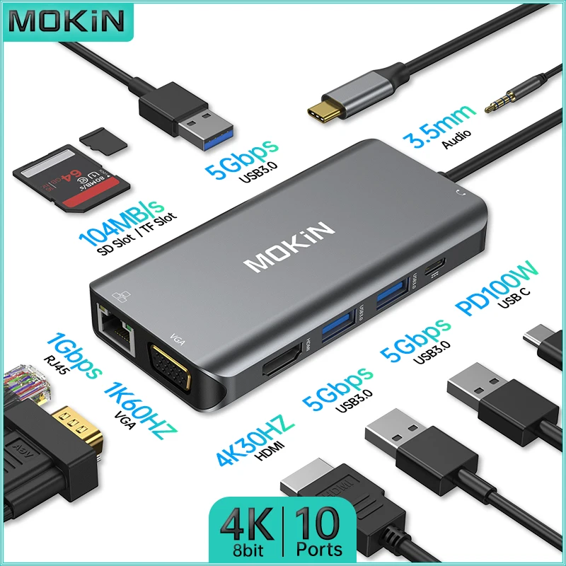 

MOKiN 10 in 1 Docking Station with VGA 1K60Hz - USB3.0, PD 100W, SD, RJ45 1Gbps, Audio - for MacBook Air/Pro, Thunderbolt Laptop