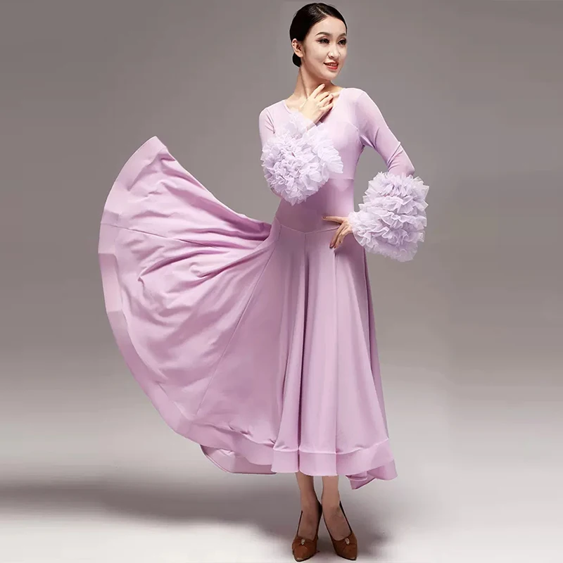 

Puff Sleeve Ballroom Dance Competition Dress 3 Colors Adult Female Tango Performance Costume Prom Waltz Dance Dresses DL9997