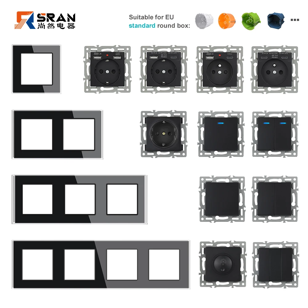 SRAN F6 EU FR UN ซ็อกเก็ตและสวิตช์ Dimmer,Series หลายเฟรมโมดูลแผงกระจกนิรภัยสีขาว DIY 1