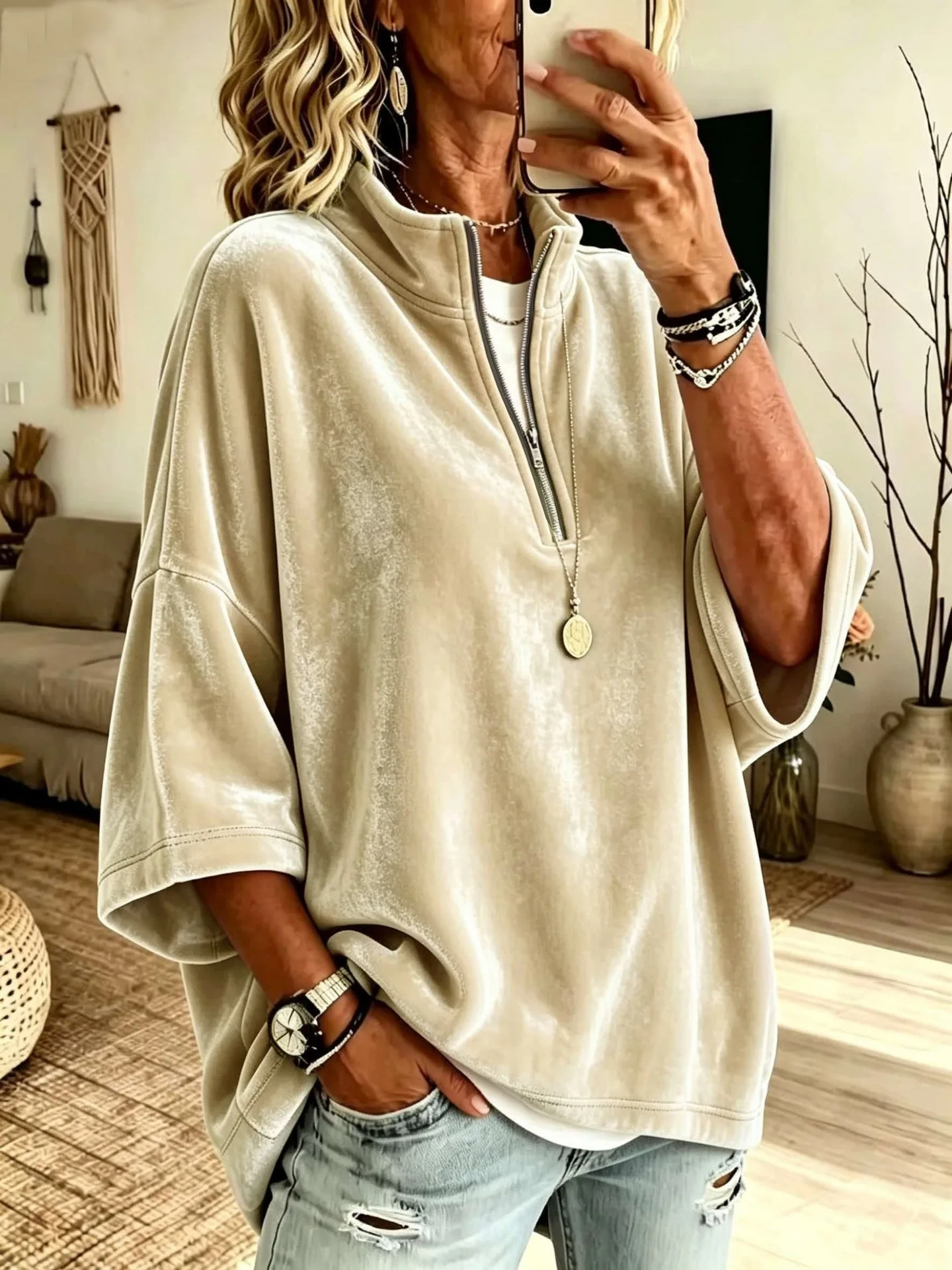 Autumn Winter Velvet Solid Half Zip Sweatshirts Stand Collar 3/4 Sleeve Loose Casual Pullover Tops Women Vacation Daily Hoodie