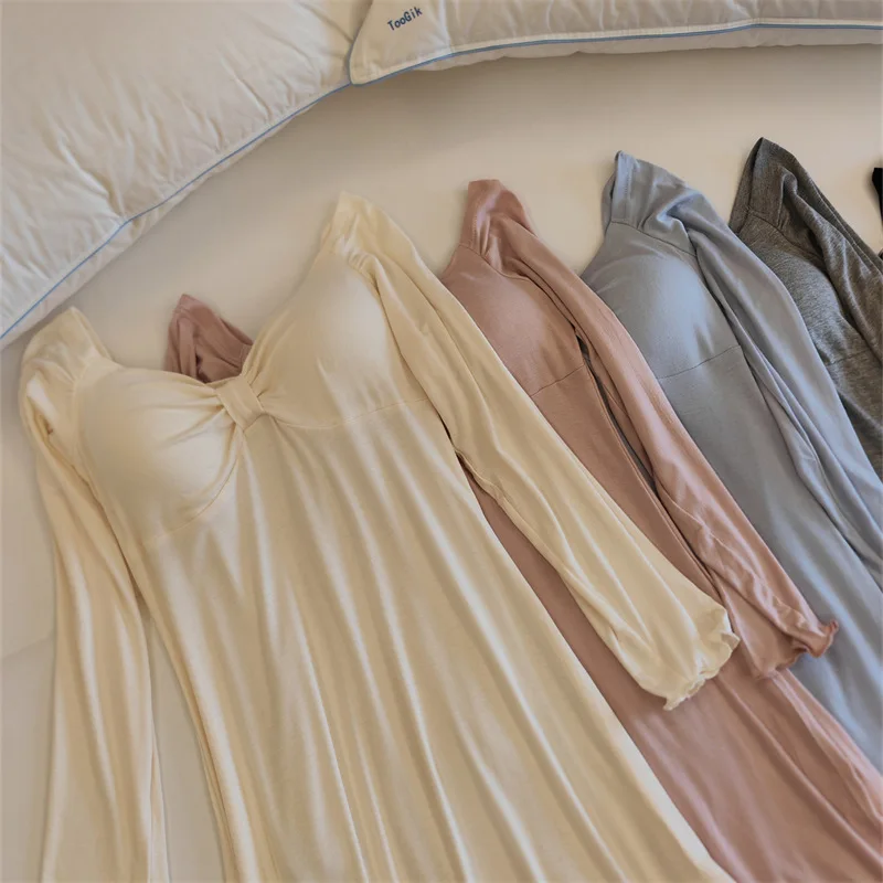 Sanftes Nachthemd für Damen, Lounge-Modal-Schlafhemd, Frühling, Herbst, Winter, langärmeliges Kleid, Brustpolster, Heimkleidung, Nachthemd – Detail 3