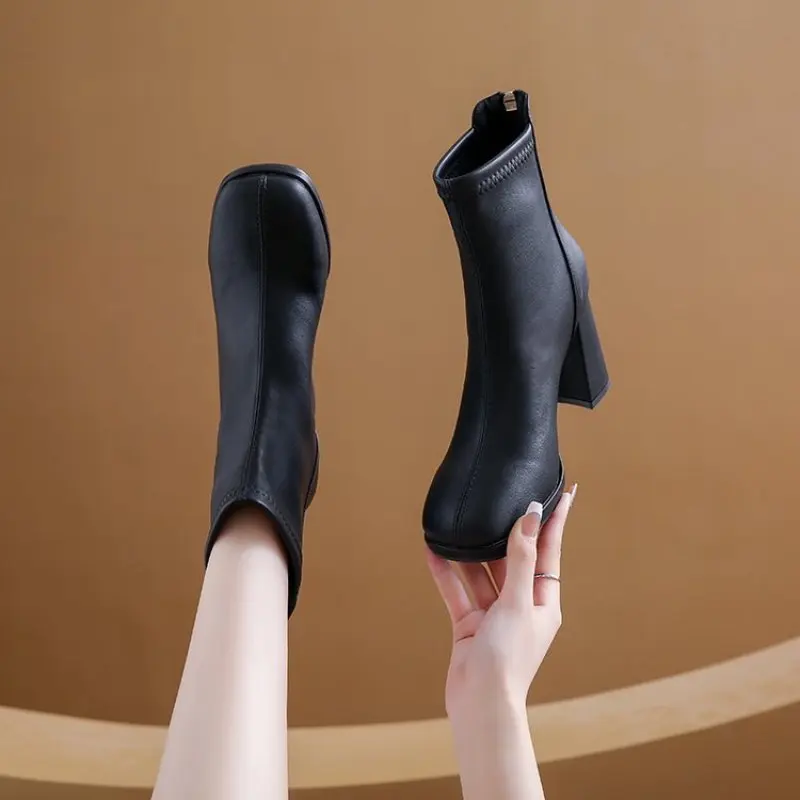 Women's Back Zipper Beige High Heels Ankle Boots Winter New Female Square Toe Chelsea Boots High Quality Mid Heel Short Botines