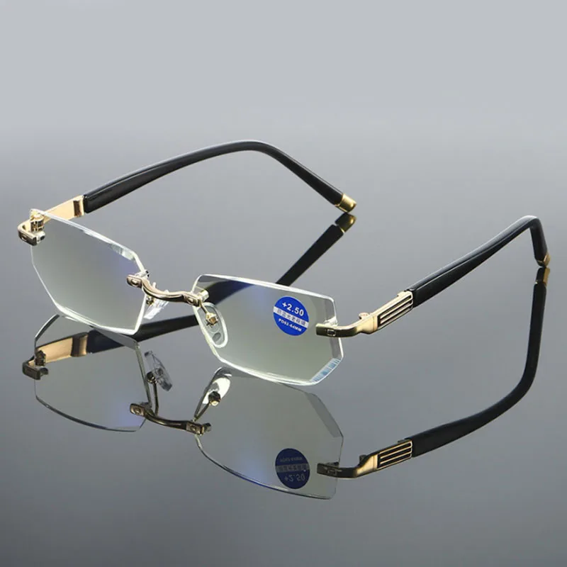 Anti Blue Ray Reading Glasses Dimond Cutting Rimless Eyewear Men Anti Fatigue Hyperopia Presbyopic Glasses +1.5 2