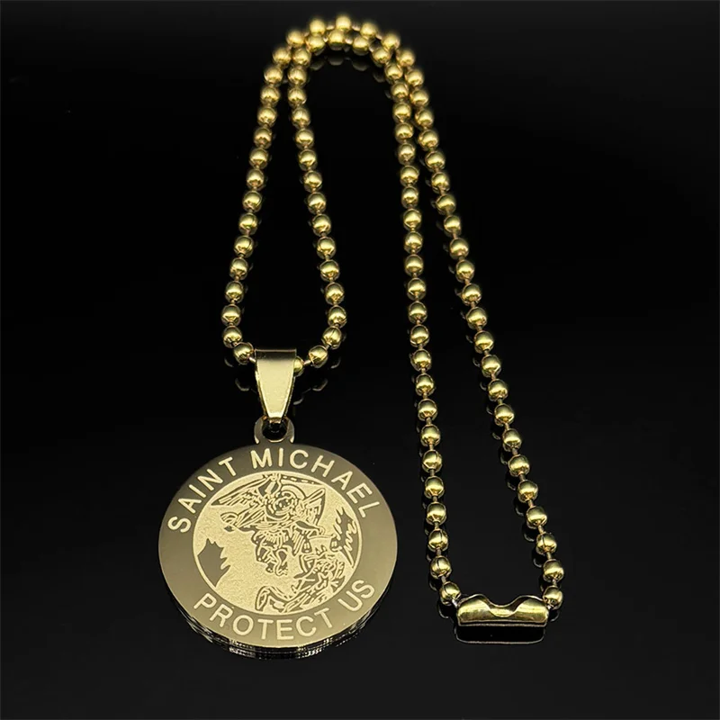 Saint Michael schützen uns Erzengel Edelstahl runde Medaille Auto Anhänger für Frauen Männer Gold Farbe religiösen Schmuck Ornamente – Detail 9