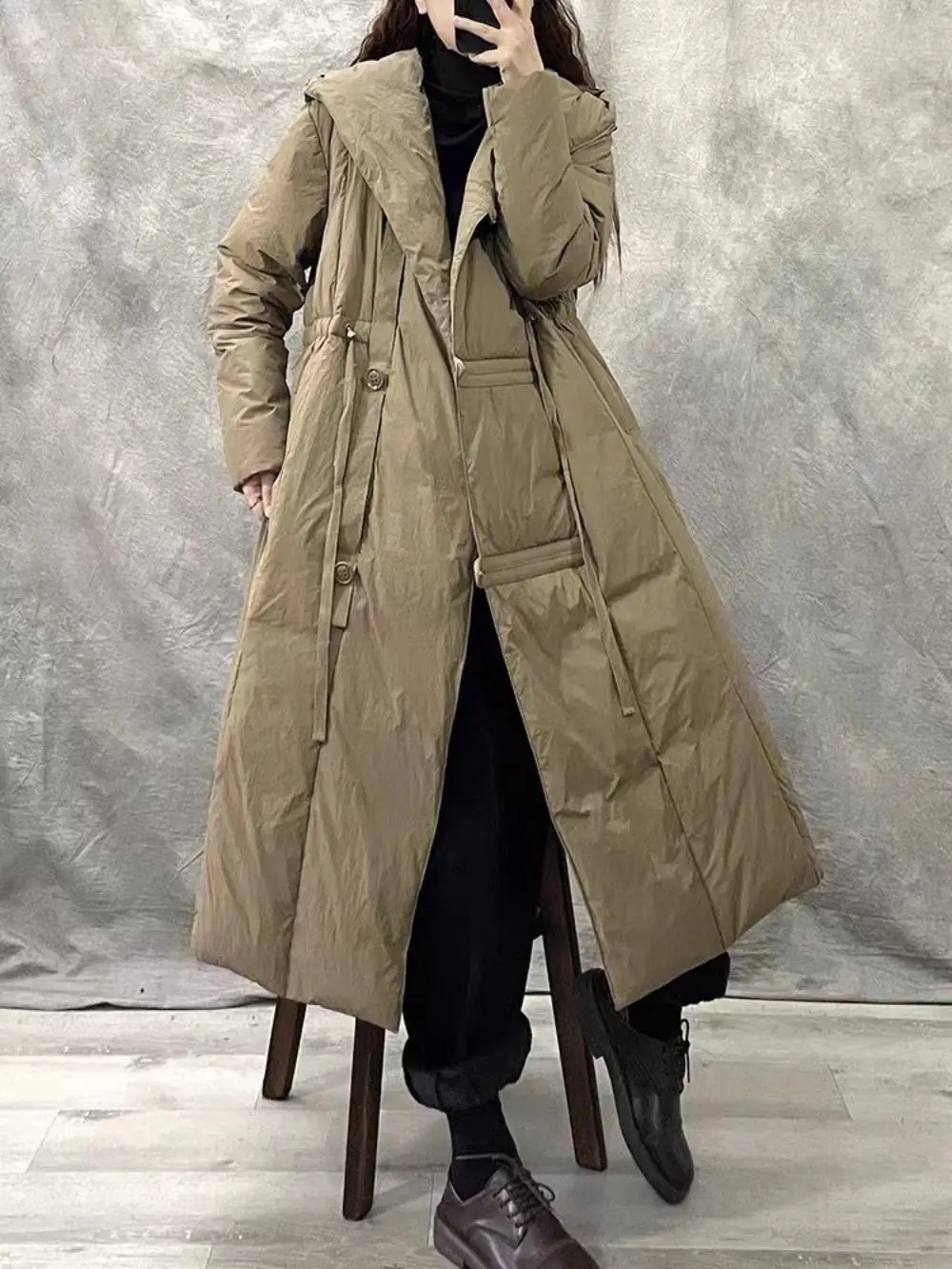 

Down jacket women's large size loose literature and art hooded solid color medium length white duck down thickened warm coat