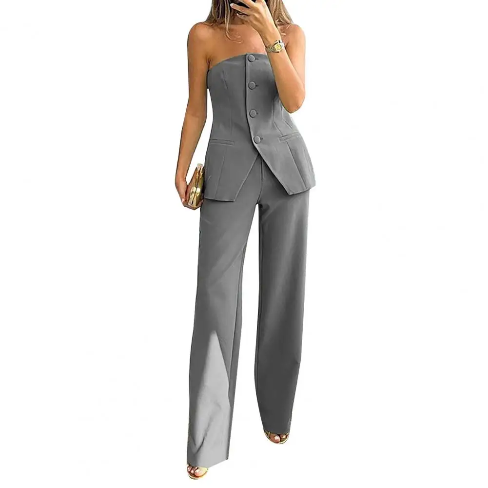 Women Suit Women's Bandeau Top High Waist Wide Leg Pants Set With Single Breasted Off Shoulder Top Pockets 2 Piece Suit For Ol