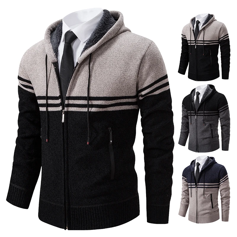 Male Winter Autumn Coat Sweater Hooded Jackets Zipper Striped Hoodies 2023 New Fashion Y2K Handsome Cool Men's Cold Overcoat