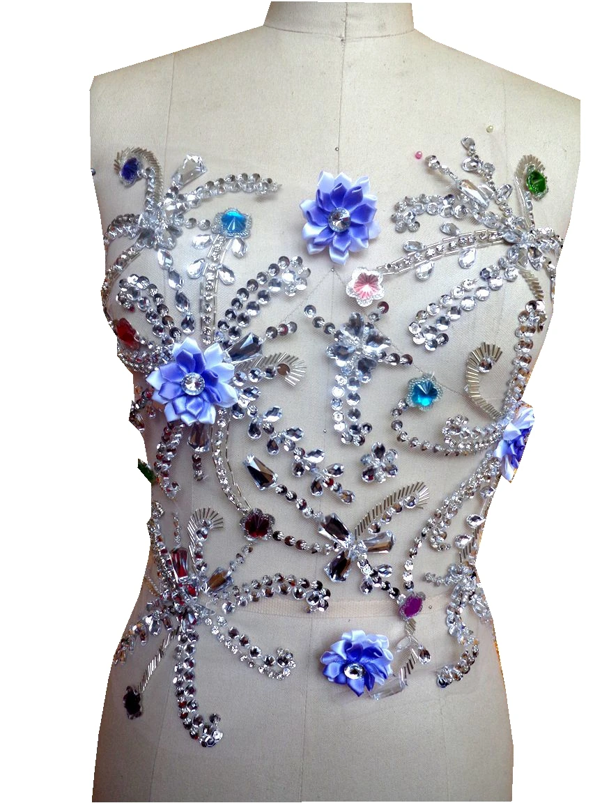 

A124 Handmade sew on silver Rhinestones applique crystal patches with stones sequins beads 39*35cm for dress