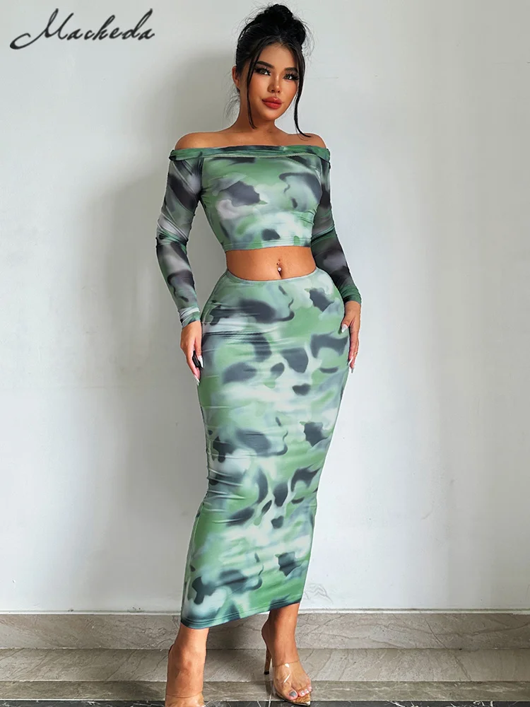 

Женский вечерний комплект из двух предметов с юбкой Macheda, элегантный Топик с открытыми плечами и облегающая длинная юбка-вечерние