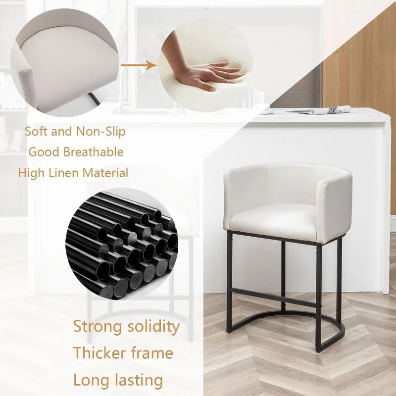 25" Counter Height Bar Stools Set of 2, Modern Bar Stool with Back, Barrel Bar Chairs with Metal Frames, Upholstered Barstools 2