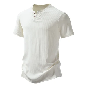 Summer Men's Striped Solid Short Sleeve T Shirt Casual Henry Collar Buttons Breathable Top Tees