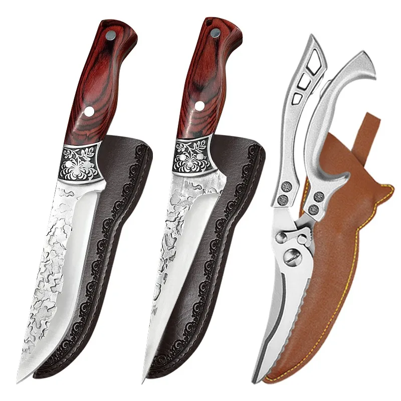 Forged Kitchen Chef Knife Set Stainless Steel Meat Fish Fruit Boning Knife Kitchen Scissors Butcher Cleaver Knives With Cover