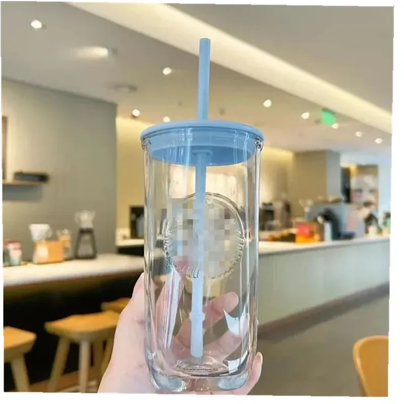 New ★★★ Triangle covered glass cup, straw water cup, 473ml （Sky Blue）
