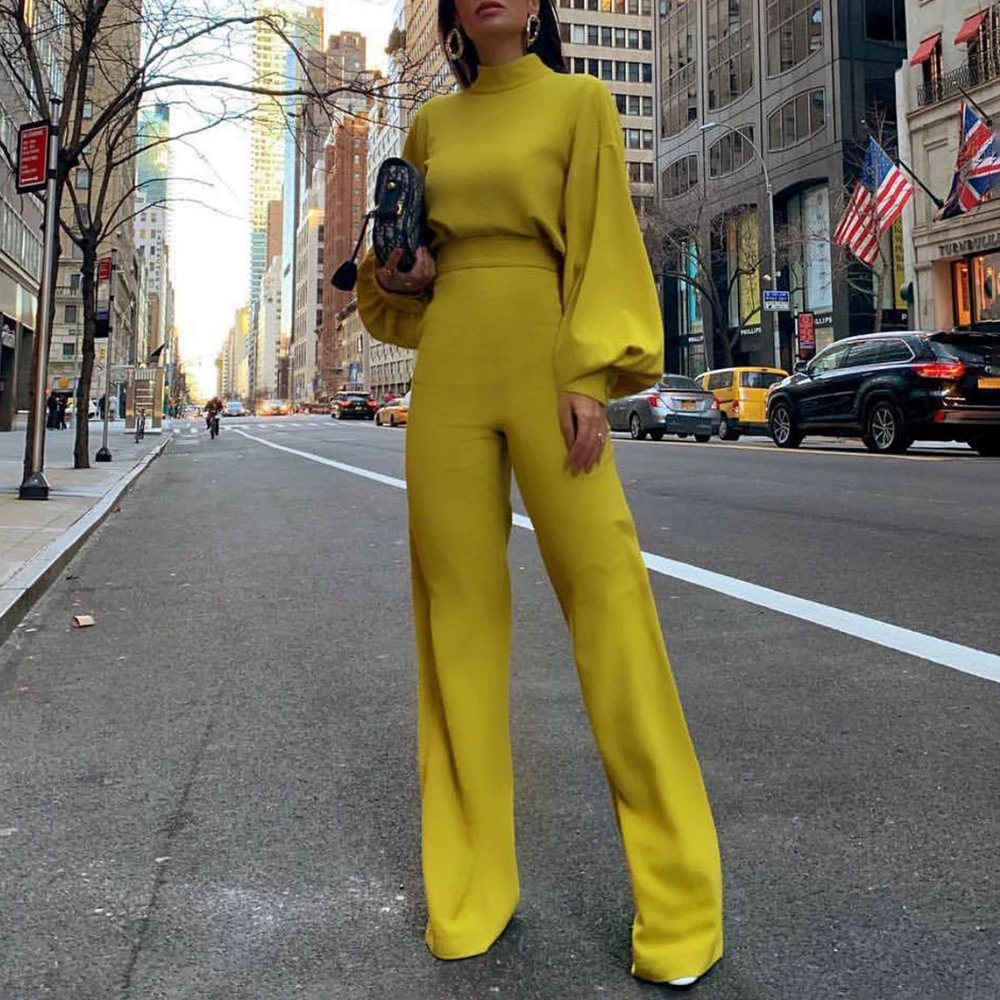 

Loose Straight Romper Overalls Stand Collar Long Lantern Sleeve Jumpsuit Fashion Women Elegant Office Lady Onepieces
