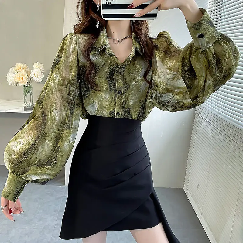 

Spring Summer New POLO Collar Fashion Lantern Sleeve Cardigan Women High Street Printing Button Patchwork Cardigan Chic Blouse