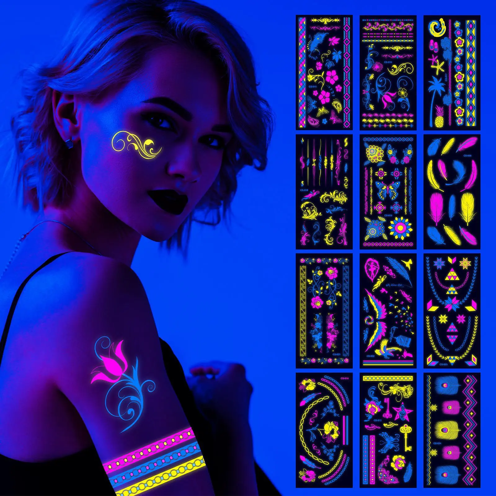 Glow in The Dark Temporary Fluorescence UV Neon Body Face Fake Waterproof Tattoo Stickers Women Men Rave Festival Party Supplie