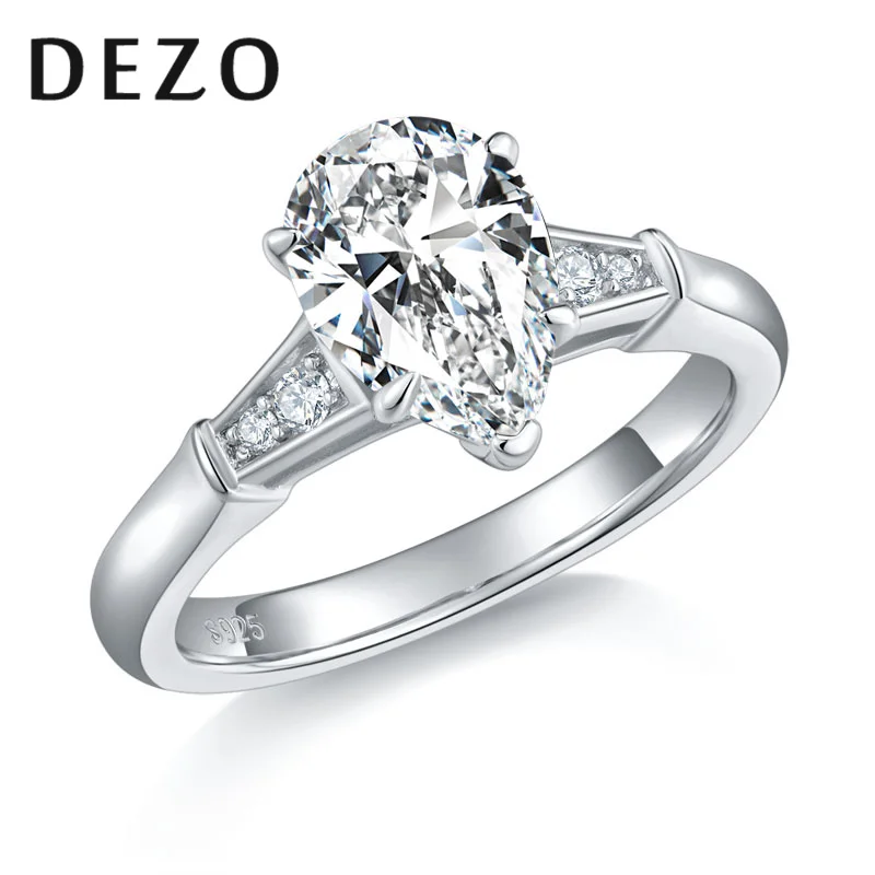 

DEZO 3-Stone All Moissanite Engagement Rings For Women Promise Solid 925 Sterling Silver Pear Cut 2ct D Color GRA Certificate