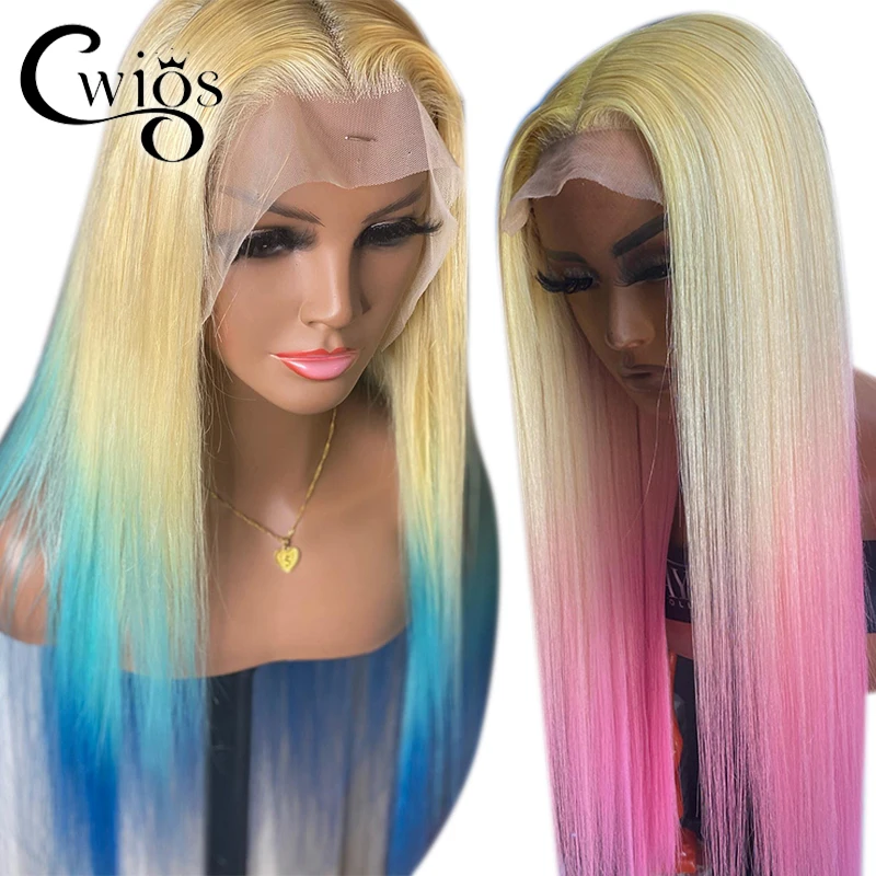 

Straight Blue Pink Honey Blonde Ombre Color Glueless Transparent Synthetic 13X4 Lace Front Wig Preplucked Drag Queen Party Daily