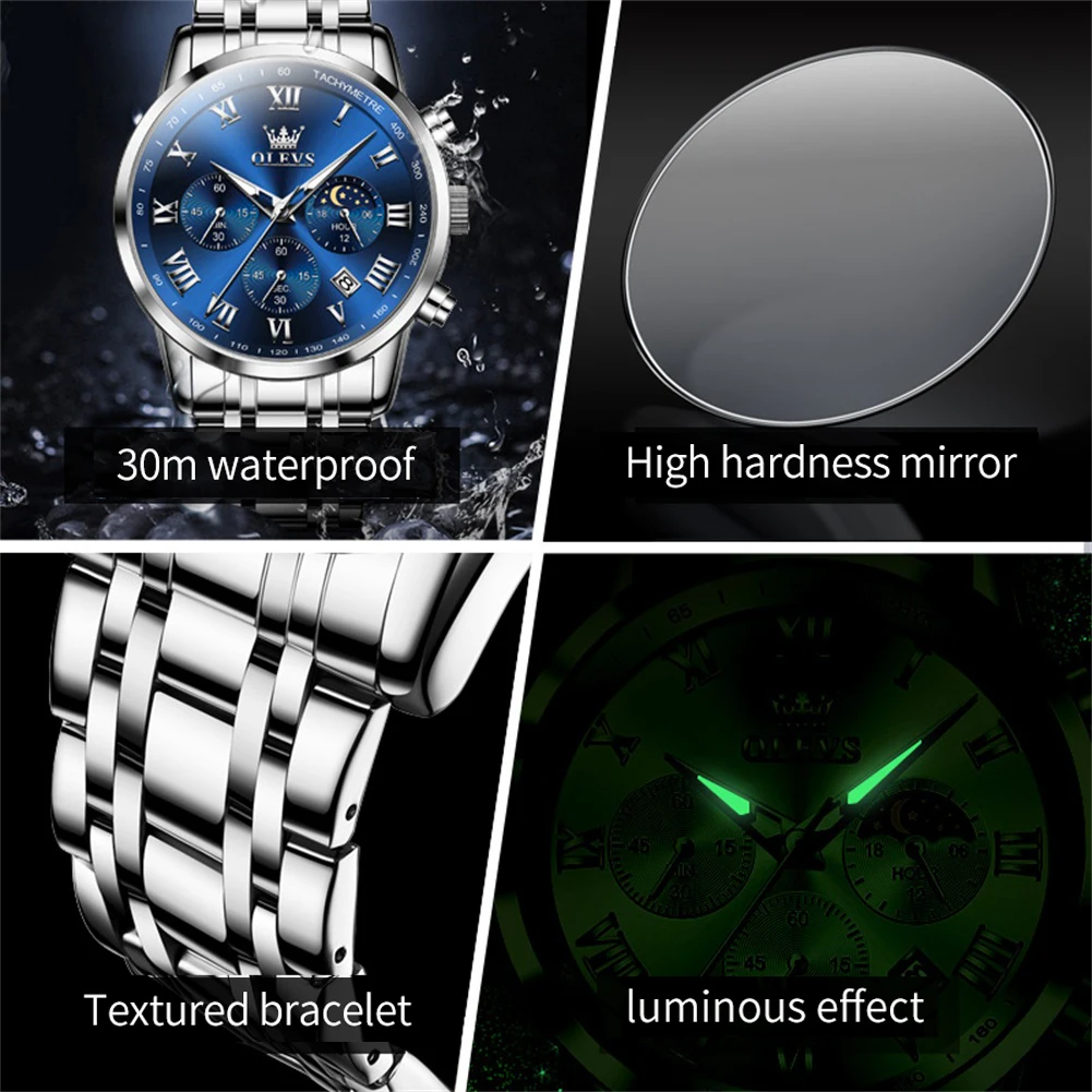 OLEVS 5529 Luxury Quartz Watch For Men Roman Scale Moon Phase Chronograph Man Watches Waterproof Luminous Calendar Wrist Watch images - 6