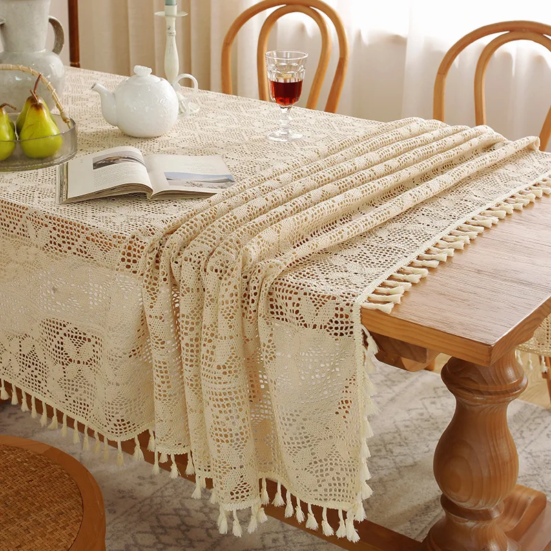 Rustic Style Handmade Crochet Dinner Tablecloth Woven Beige Towel Bridal Party Home Kitchen Dining Table Cover Decorative