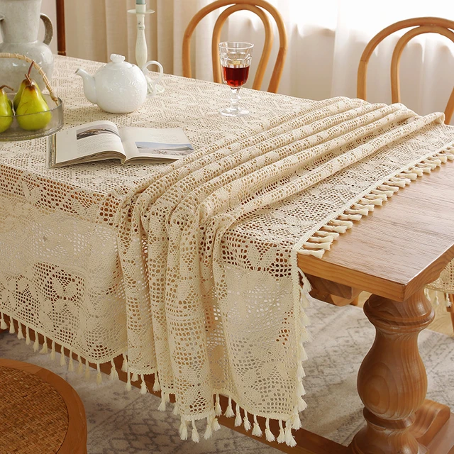 Rustik tarzı el yapımı tığ yemeği masa örtüsü dokuma bej havlu gelin parti  ev mutfak yemek masası kapak dekoratif - AliExpress