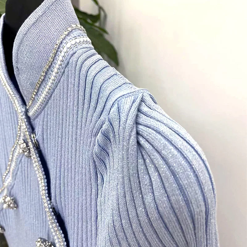

New Chinese Style Blue Knitted Dress Short-sleeved Short Dress Elegance Women 2023 Early Spring