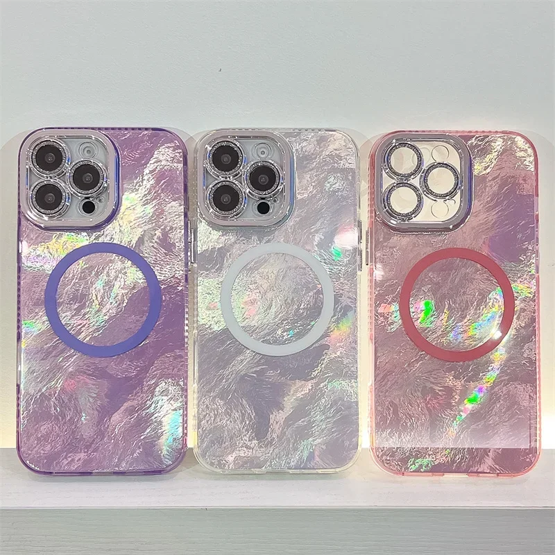 Laser Fold Tinfoil Magnetic Phone Case For iphone 16 Plus 15 14 13 Pro Max For Magsafe Shockproof Hard PC Glitter Back Cover_voghion.com