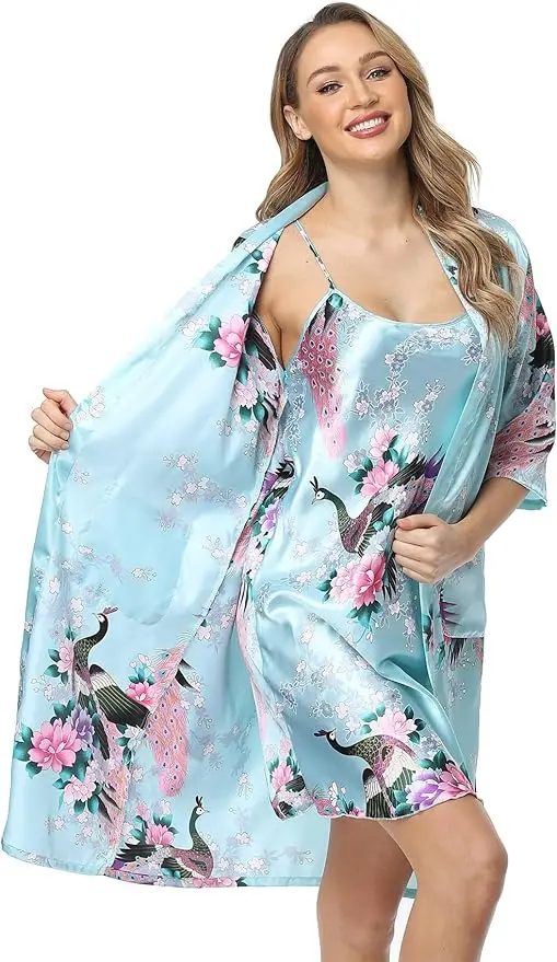 764368-1e6bf2.jpg Women's Floral Satin Kimono Robe and Nightgown Set with Camisole 2 Piece Sleepwear Peacock Bathrobe - Image 1