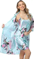 Women's Floral Satin Kimono Robe and Nightgown Set with Camisole 2 Piece Sleepwear Peacock Bathrobe