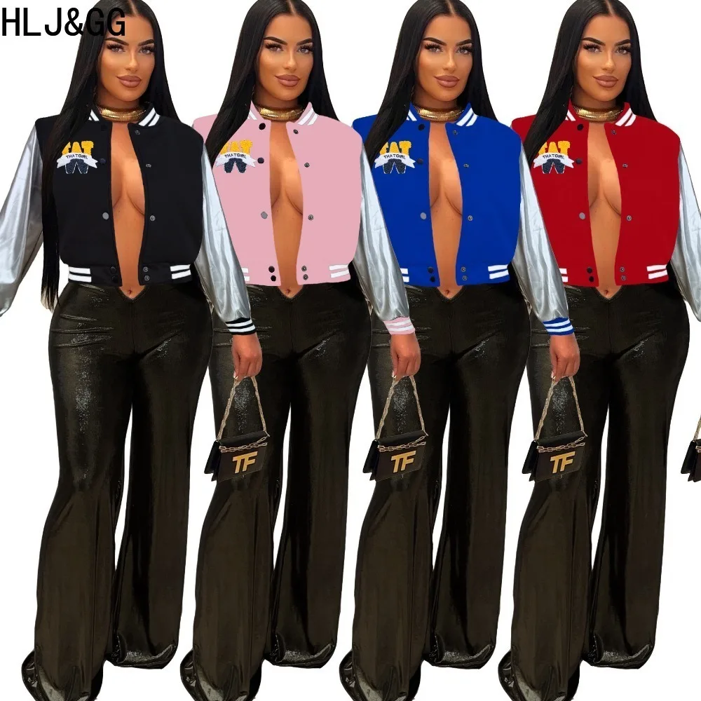 HLJ&GG Casual Letter Embroidery Splicing Slim Baseball Jackets Women Round Neck Button Long Sleeve Coats Female Sporty Clothing