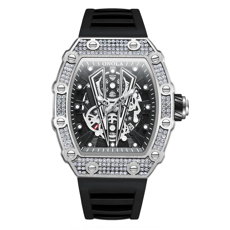 Hot Selling Skeleton Tonneau Watches for Men Hip Hop Inlay Diamond Quartz Wristwatch Luxury Ice Out Sport Rubber Type Male Clock