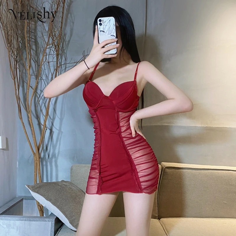 

Thin Mini Dress Transparent Sexy Women See Through Tight Pencil Bodycon Dresses Night Sleepwear Clubwear With Chest Pad