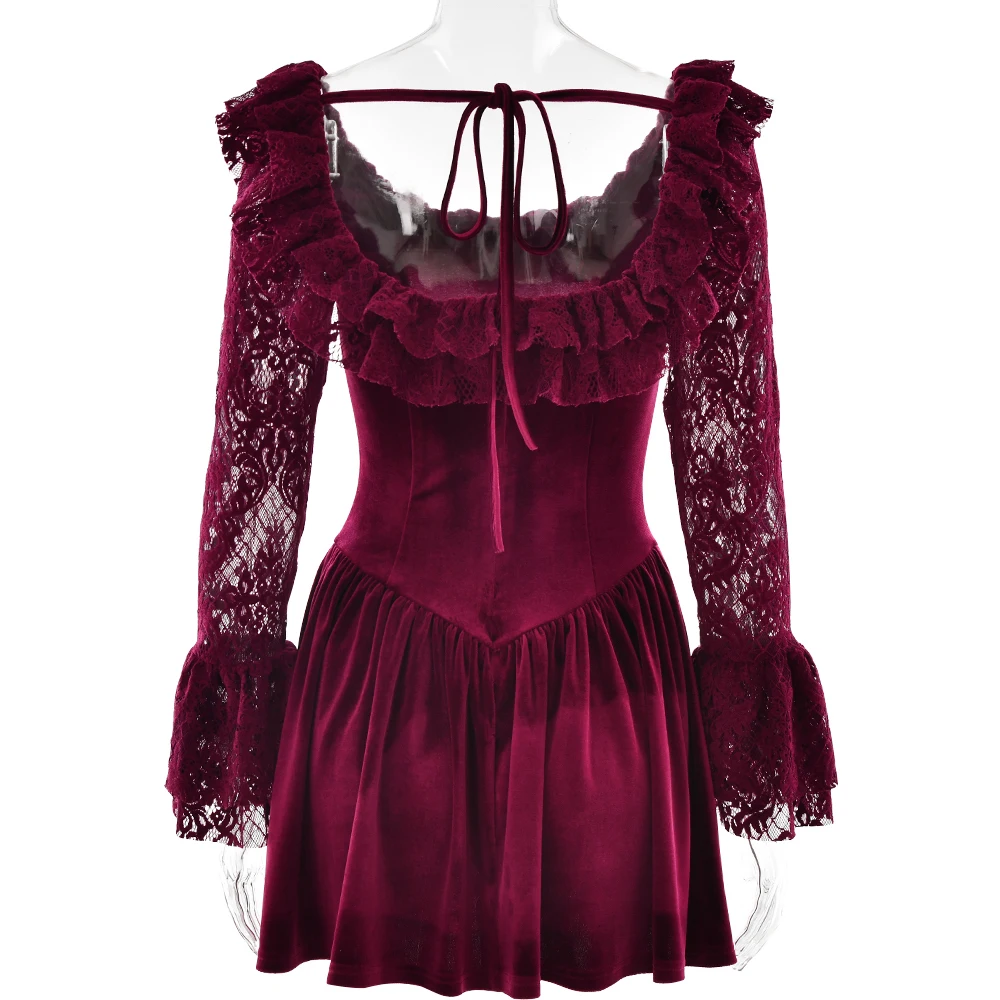 JULISSA MO Patchwork Flare Sleeve Lace Women Mini Dress Sexy See Through High Waist Dress Female Winter New Elegant Party Outfit