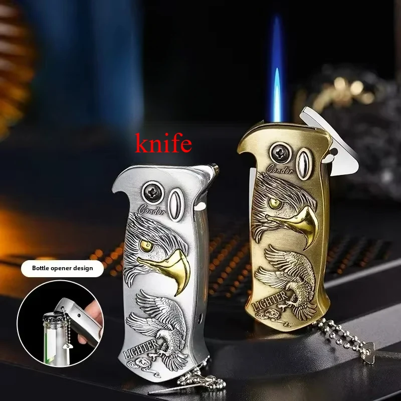 New Metal Multifunctional Inflatable Lighter with Bottle Opener, Folding Knife, 3D Relief Pattern Portable Lighter Men's Gift 2
