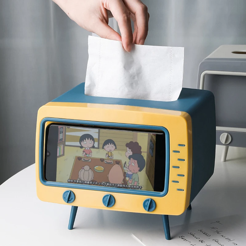 Creative 2 In 1 TV Tissue Box Desktop Paper Holder Dispenser Storage Napkin Case Organizer with Mobile Phone Holder 2