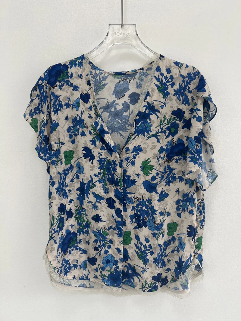 

Cross border e-commerce Sux77 24Z&V purple ink print short sleeved 2-sided slit design French V-neck shirt