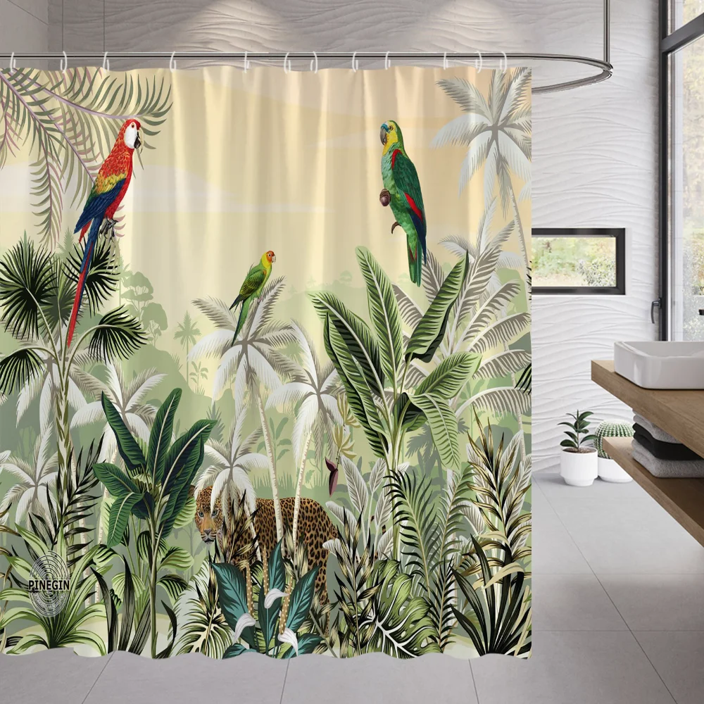 

Занавеска для душа с изображением пальмовых листьев, попугая, животных, леопарда, птицы, тропический пейзаж, ткань в эстетике, декор для ванной комнаты, Висячие шторы
