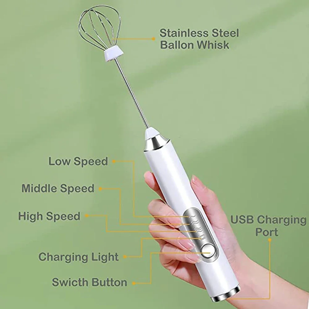 Electric Foamer Mixer Whisk Beater Stirrer 3-Speeds Coffee Milk Drink Frother USB Rechargeable Handheld Food Blender Whisk 3