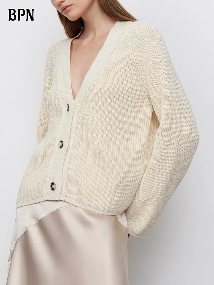 

BPN Knitting Minimalist Sweaters For Women V Neck Long Sleeve Solid Patchwork Single Breasted Loose Cardigan Female Autumn Style