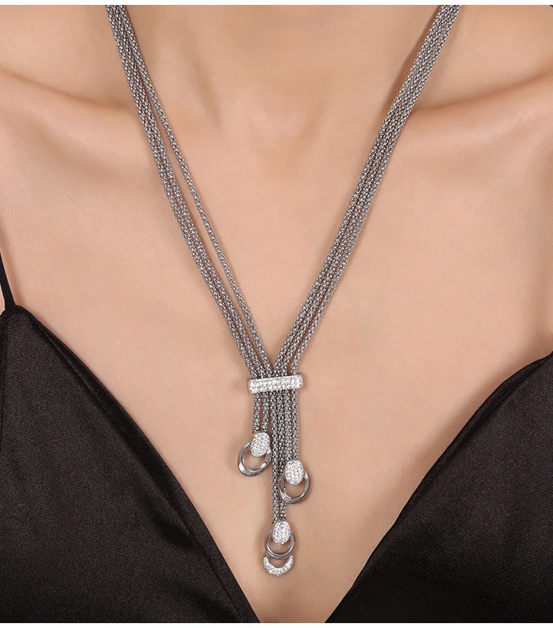 Neue Edelstahl Vergoldete 3-Schicht-Ketten-Halskette für Damen Luxus Kristall-Anhänger Armband Halskette Set Schmuck Geschenk – Detail 6